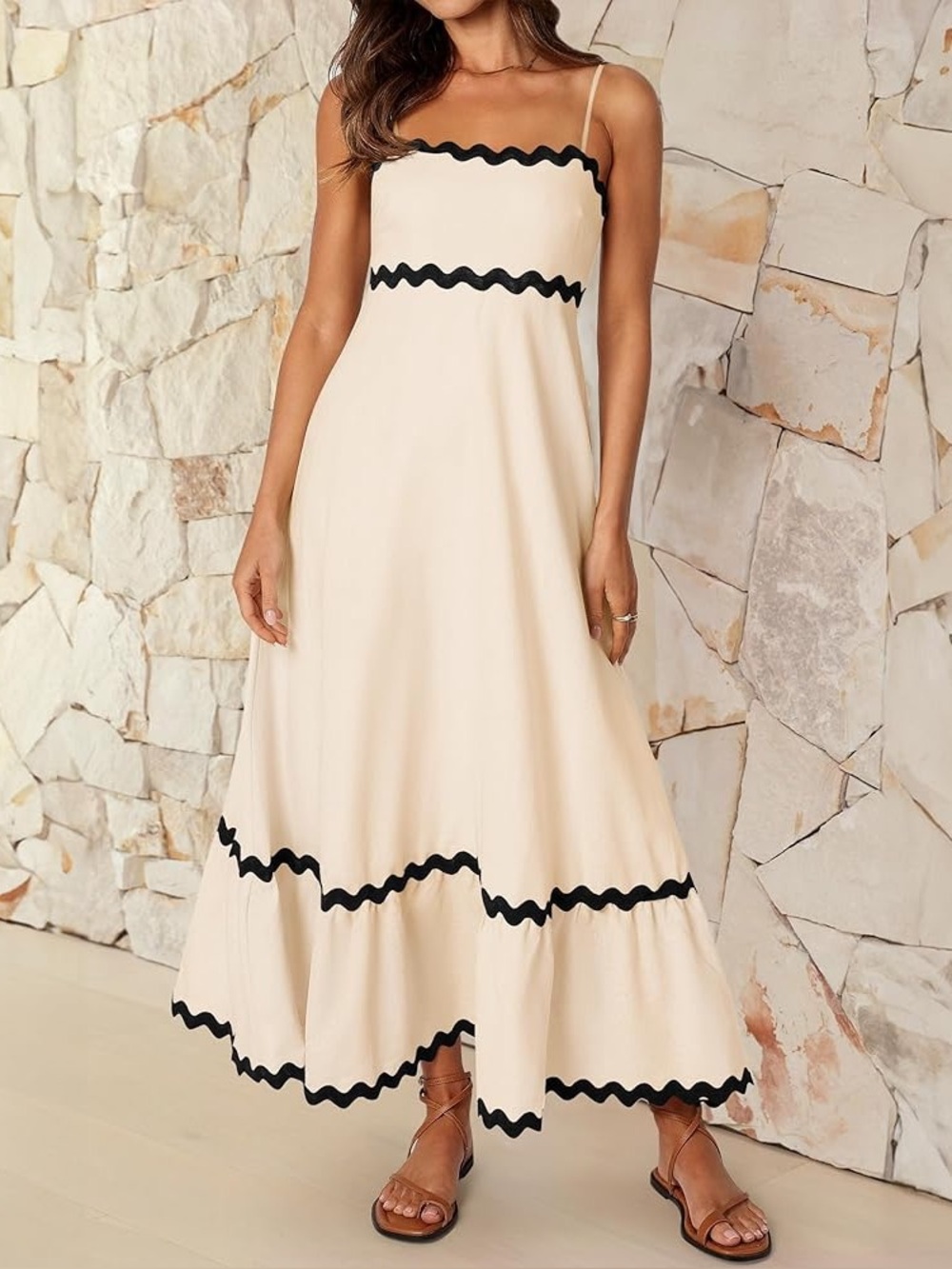Sleeveless Cream Maxi Dress with Black Wavy Trim